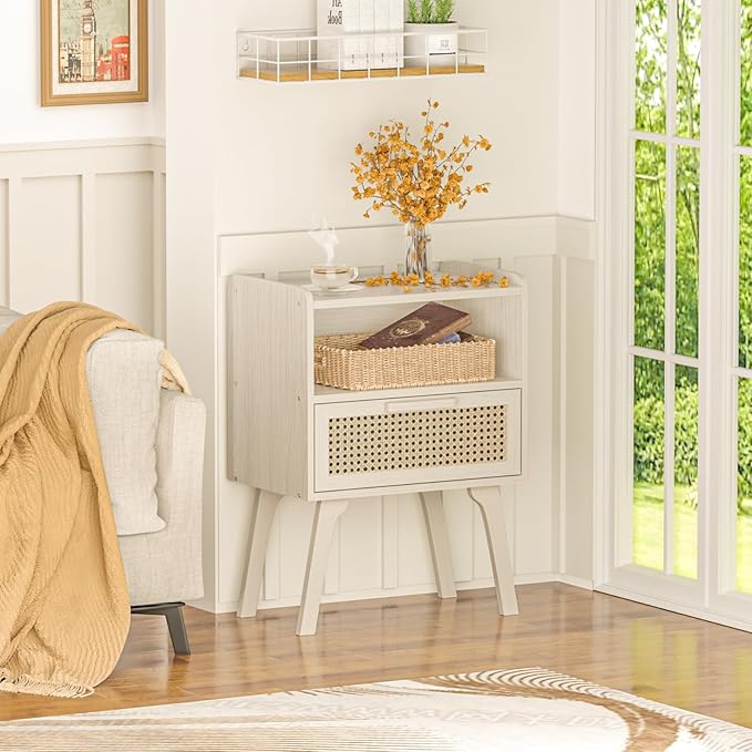 Lerliuo Rattan Nightstands Set of 2, Side Table with Drawer Open Shelf, Cane Accent Bedside End Table, Mid Century Modern Night Stand for Bedroom, Dorm and Small Spaces (Grey White)