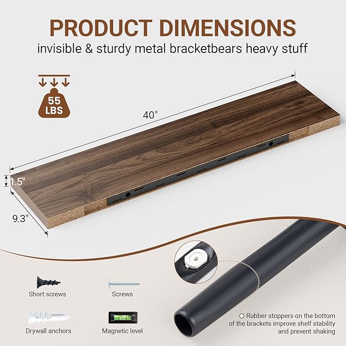 Heimlove 40 Inches Floating Shelves for Wall,9.3" Deep Walnut Long Floating Shelves Set of 2,Large Display Shelf & Storage Shelf,Wall Shelf for Bathroom Bedroom Living Room Kitchen Office