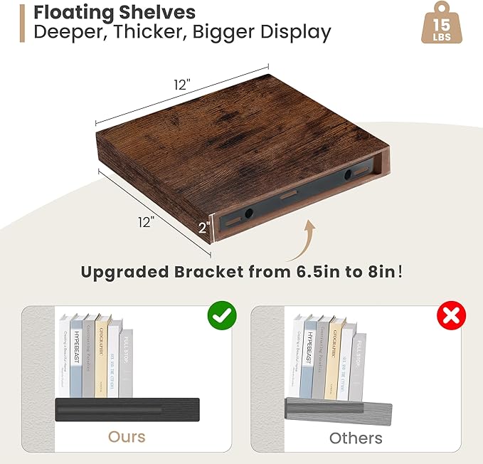 Heimlove 12 Inch Deep Floating Shelves, 12 x 12 inches Long Wall Shelf, Large Extra Display Shelf & Storage Shelf, Rustic Wood Wall Shelves for Fireplace Mantel, Brown - 2Pack