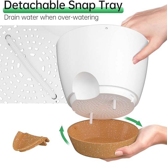 ZMTECH 10 Inch Hanging Planters for Indoor Outdoor Plants, 2 Pack Self Watering Hanging Plant Pots with Drainage Holes and Removable Saucer, Plastic Flower Hanging Pots with Watering Lip (White)