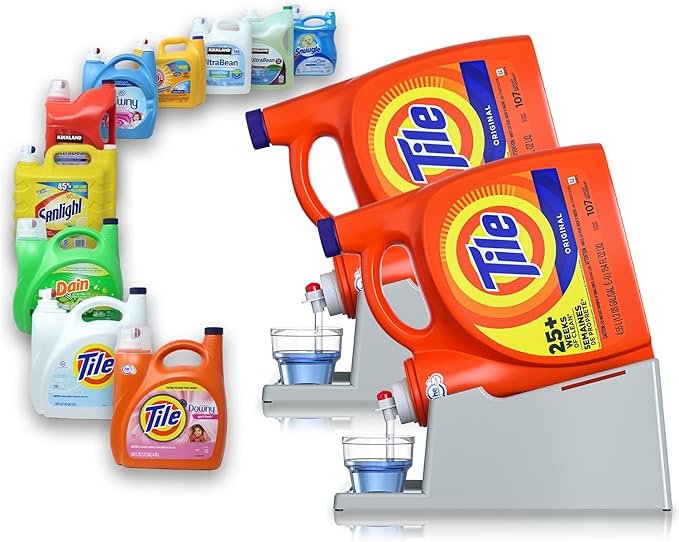 TidyFriend 2 Pack Liquid Laundry Detergent Holder Stand with Drip Tray & Rubber-Grip Feet, Stand for Laundry Room Organization and Storage, Fabric Softener Dispenser with Cup Holder (Grey)