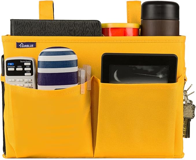 Surblue Bedside Caddy Hanging Bed Organizer Storage Bag Pocket for Bunk and Hospital Beds, College Dorm Rooms Baby Bed Rails, Camp 4 Pockets and 2 Hooks (Small, Yellow)