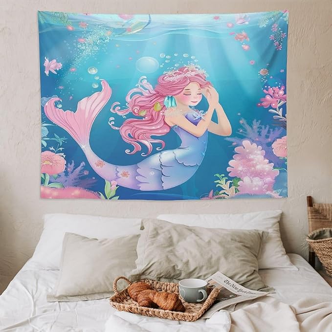 HZOHNAGO Mermaid Girls Tapestry Watercolor Flowers Mermaid Princess Blessing Pattern for Kids Room Decoration Printed Wall Tapestry Wall Hanging for Bedroom Living Room Dorm 80" W x 60" H