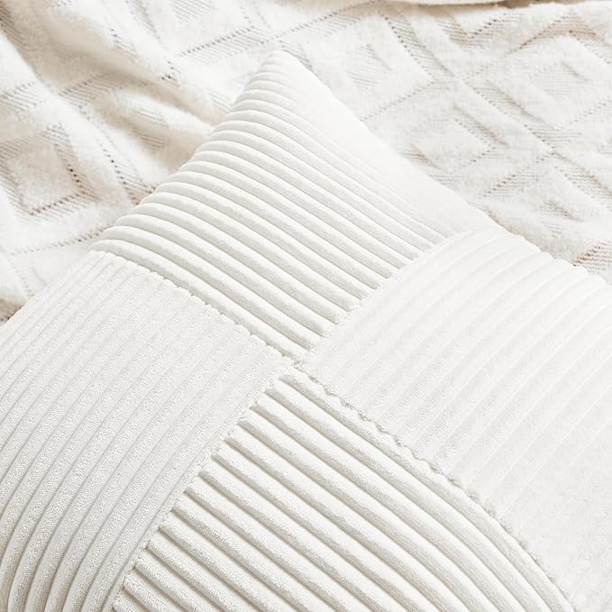 Fancy Homi 2 Packs Cream White Long Lumbar Decorative Throw Pillow Covers 12x24 Inch for Couch Bed Sofa, Rustic Farmhouse Boho Home Decor, Soft Striped Corduroy Rectangle Accent Cushion Case 30x60 cm