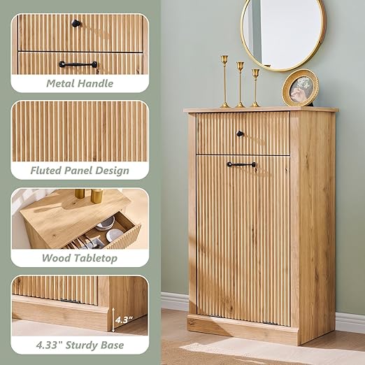 Modern Tilt-Out Trash Can Cabinet, 10 Gallon Fluted Laundry Hamper Cabinet with Drawers, Wooden Hidden Garbage Can Cabinet w/Storage Basket, Free Standing for Kitchen & Living Room,Natural Oak