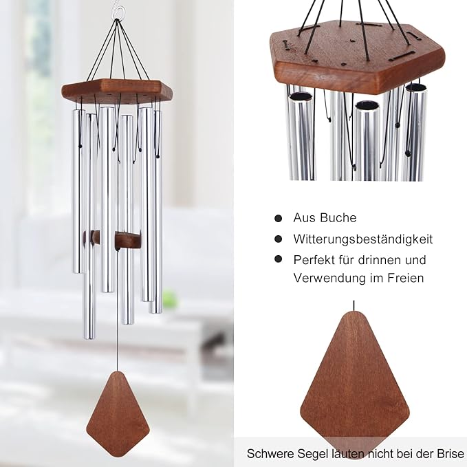 ASTARIN Memorial Wind Chimes for Outside, 30'' Deep Tone, Sympathy Wind-Chime Personalized with 6 Tuned Tubes, Elegant Chime for Garden Patio Balcony and Home Silver