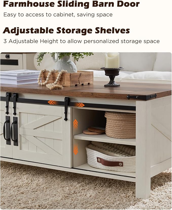 OKD 48" Farmhouse Lift Top Coffee Table with Sliding Barn Door,Rustic Center Table with Hidden Storage Compartment,Lifting Tabletop and Adjustable Shelf for Living Room,Office,Antique White