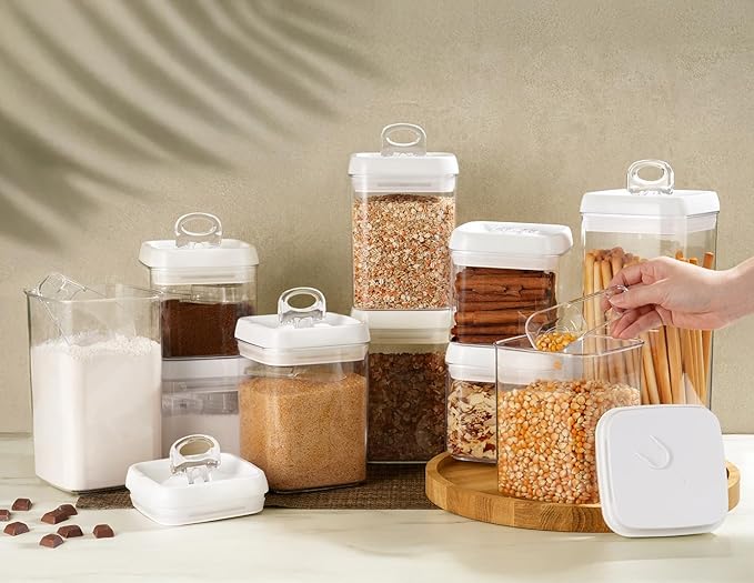 Felli Flip Tite Food Storage Container with Scoop & Lid 5" LARGE Airtight Ring Top, Acrylic Canister Jar for Sugar Flour Baking Powder Protein Rice Pasta Kitchen Organizer Gift Set (10pk, Variety)