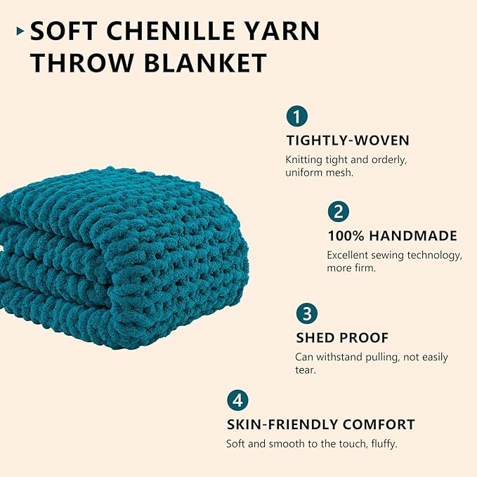 L'AGRATY Chunky Knit Blanket Throw: 60''x80'' Chenille Chunky Knitted Throw Blanket for Bed Couch - Handmade Thick Big Cable Knit Blanket - Large Crochet Rope Blanket for Home Decor(Teal)