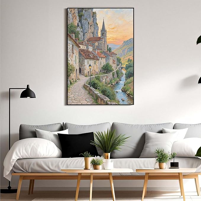 Small town scenery poster on the bank of the mountain stream is suitable for living room bedroom and office natural oil painting poster