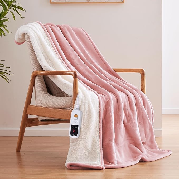 Sealy Electric Blanket Throw Size 50"*60",Super Cozy Flannel to Sherpa Reversible Heated Blanket Throw with 6 Heating Levels & 2-10 Hours Auto Off Overheating Protection Machine Washable,Pink