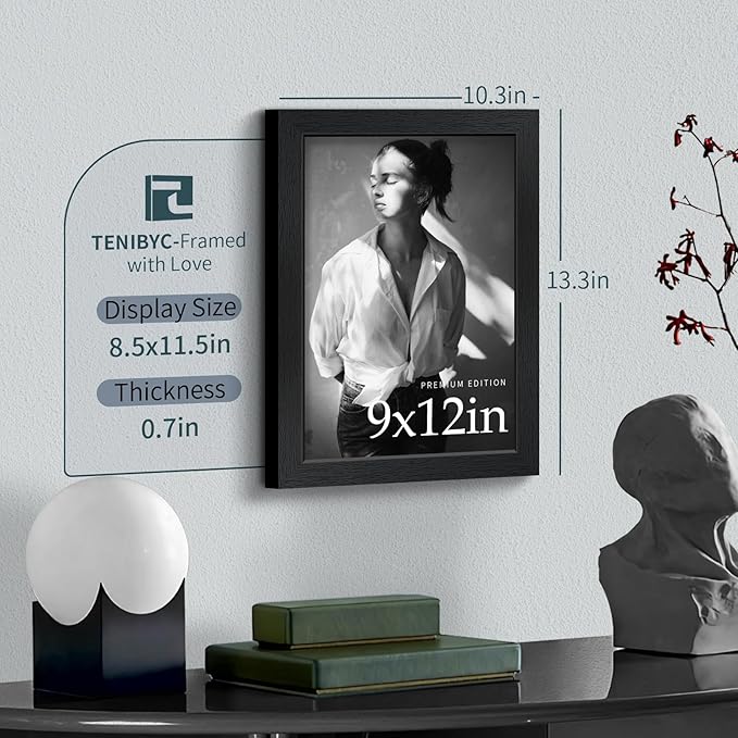9x12 Frame 3 Pack - Black Woodgrain, 9 x 12 Picture Frame with HD Tempered Glass, Table or Wall Display