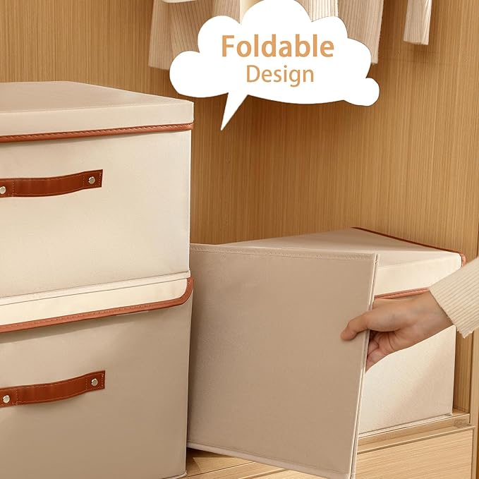 Tuza 4 Pack Large Fabric Storage Bins with Lids, Foldable Storage Boxes with Lids for Organizing, Decorative Storage Boxes with Handles for Home, Bedroom, Closet, Office(Khaki, Large)