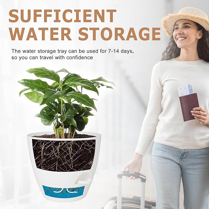Plant Pots 12/10/9 Inch Self Watering Pots, Set of 3 Plastic Planters with Drainage Holes and Saucers,Plastic Flower Pots,Nursery Planting Pot for Indoor Out Door Plants(Pure White)
