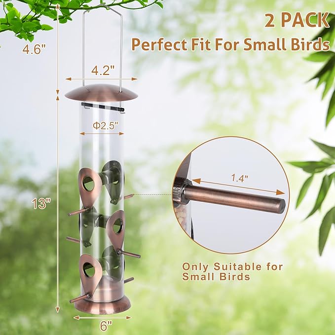 FEED GARDEN Metal Bird Feeders for Outdoors Hanging, 6-Port Tube BirdFeeders for Outside, Finch Feeders for Outside, Brushed Copper Finishing, Bird Feeder with Heavy Duty Metal Lid, Chew-Proof 1 Pack