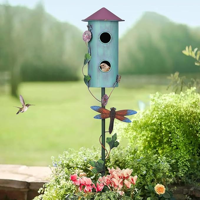 BAYN 57” Bird Houses Stake for Outside, Metal Wild Bird Feeder Double-Hole Birdhouse Stake with Cylinders Design Outdoor Decorations for Patio, Backyard, Garden