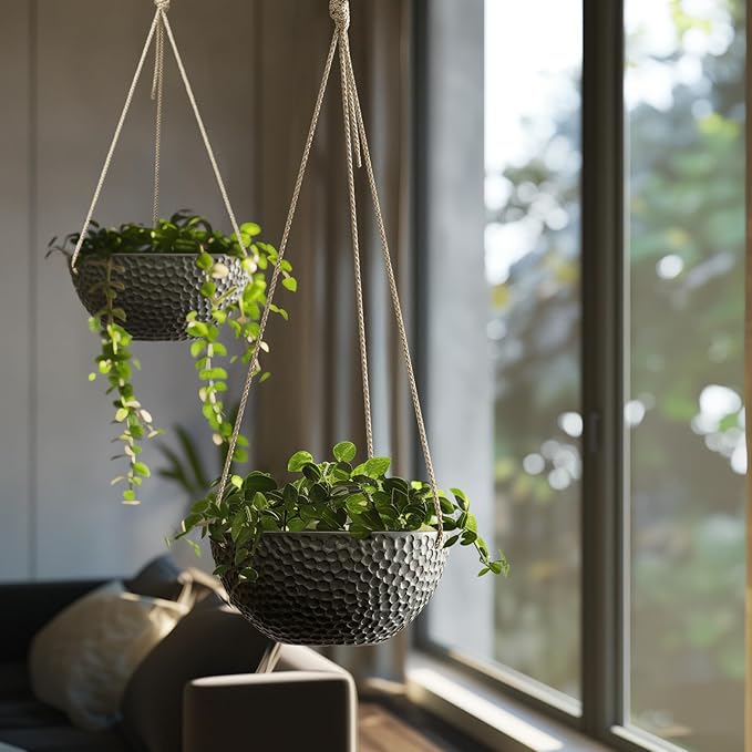 LA JOLIE MUSE Hanging Planters for Indoor Plants, Medium Hanging Planters with Drain Holes, Outdoor Hanging Flower Pots, Matte Black, Honeycomb (10 Inch, Set of 2)