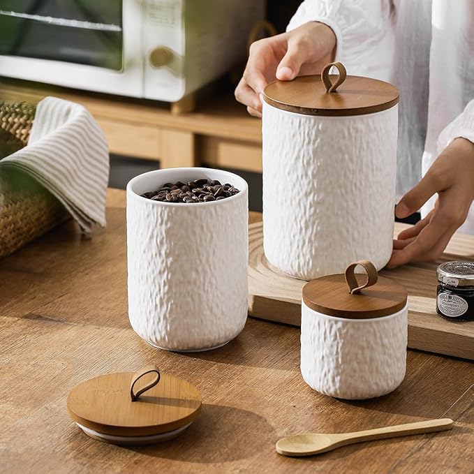Kitchen Canisters for Countertop, Ceramic Coffee Canisters with Airtight Lids Food Storage Jars Sugar Container for Kitchen Counter Tea, Coffee Beans, Spice (#001White-44oz/1300ml)