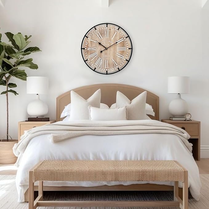 24 Inch Grand Farmhouse Wall Clock, Vintage-Inspired Wood & Metal Design with Large Etched Numbers, Silent Battery-Powered Timepiece for Offices, Kitchens, Bedrooms, and Living Rooms