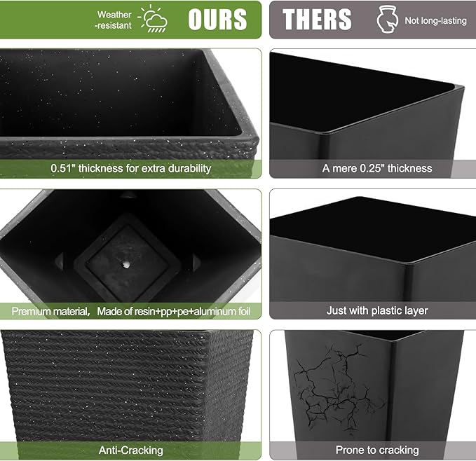 Tall Black Planter Set of 2 for Outdoor Indoor Plants,21.3in Large Tapered Plant Pots with Drainage Trays Holes,Resin Extra-Thick Flower Pots for Outdoor Patio Front Porch Backyard Decor