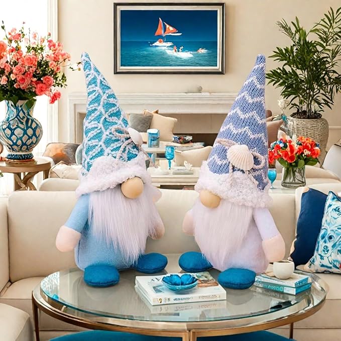 Summer Gnomes Decorations, Beach Gnomes Plush Decor for Home Ocean Day Gnome Tiered Tray Decor Handmade Tomte Swedish Nisse Scandinavian Elf Dwarf,Birthday Gnome Gifts, Blue