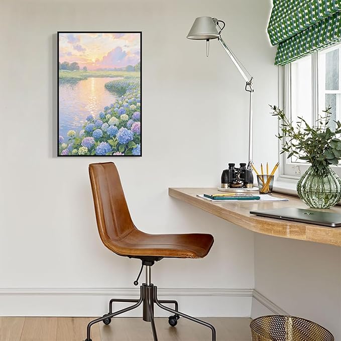 The hydrangea scenery all over the lake at sunset is suitable for posting in the living room bedroom office landscape poster wall painting