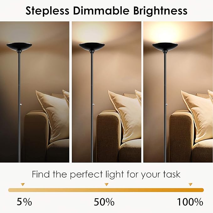 BoostArea Torchiere Floor Lamp, 30W Super Bright LED Standing Lamp, Stepless Dimmable Pole Lamp with 3000K Lighting, Rotary Switch, 70 Inch Tall Metal Modern Floor Lamps for Living Room/Bedroom Black