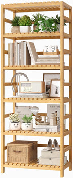 FOTOSOK 6-Tier Bamboo Shelf, Bamboo Bookcase with Adjustable Shelves, Free Standing Storage Shelf Unit, Plant Flower Stand for Kitchen, Bathroom, Home Office, Natural