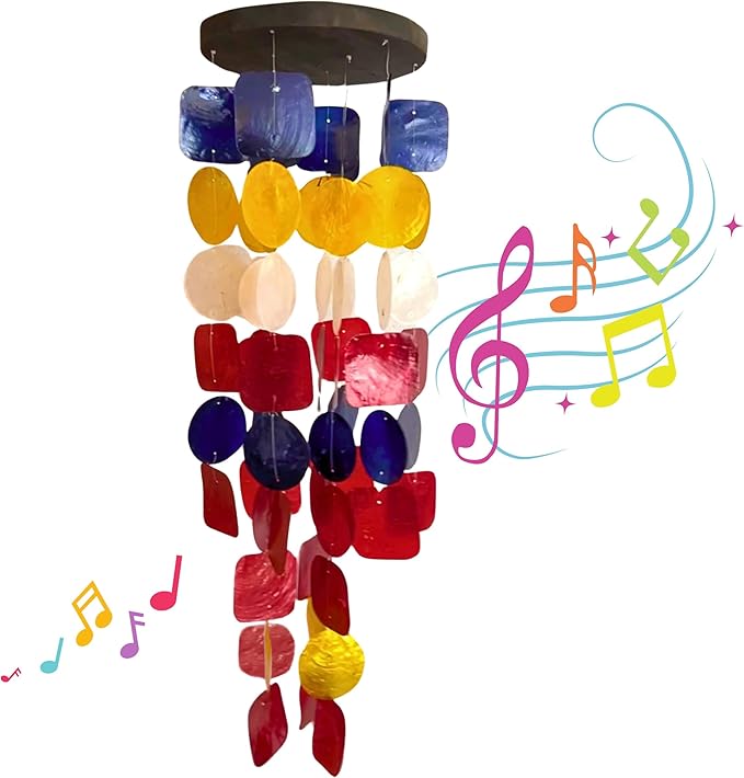 Bellaa 24872 Wind Chimes Outdoor, Garden Decorations, Musical, Indoor/Outside Windchimes, Beach, Ocean Breeze, Gifts for Mom, Gift for All Occasions, Sea Glass Shells Wood Red Blue Yellow White