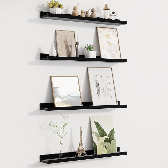 Picture Ledge Shelf for Wall, Floating Shelves Set of 4, 24 Inch Long Nursery Book Shelves for Toys Storage, Kids Bookshelf Wall Mounted for Books Photo Frames, Black