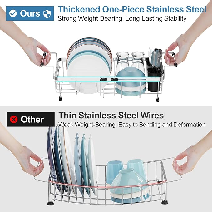 GSlife Expandable in Sink Small Dish Drying Rack - Stainless Steel Capacity Adjustable Over The Sink Dish Rack with Utensil Holder, 11.9“-16.7” L x 9" W x 5.7" H, Silver