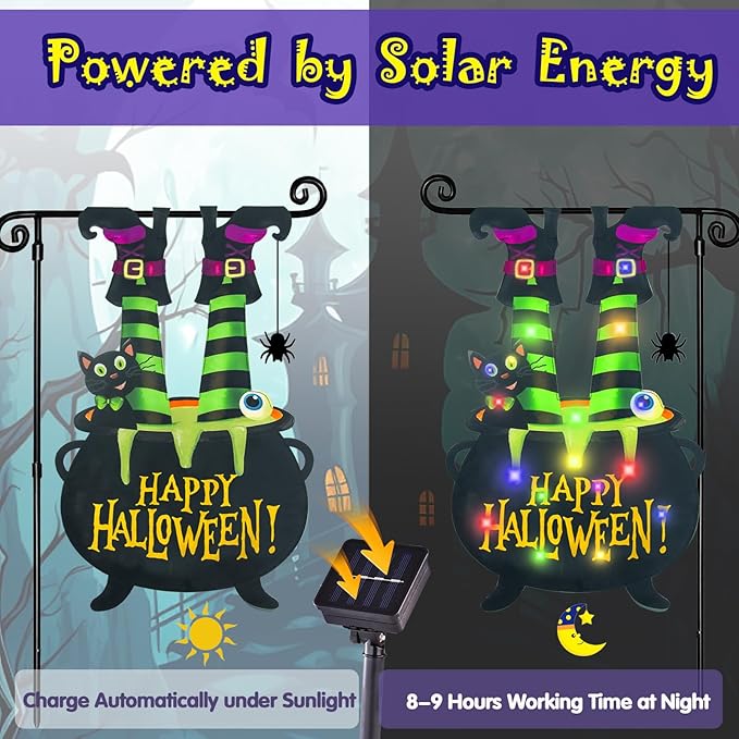 Halloween Lighted Garden Flag for Outside, Led Solar Yard Flag 8 Modes Witch Feet Shape Flag, 12x18 Double Sided Cauldron Eyeball Black Cat Decorations for Home Porch