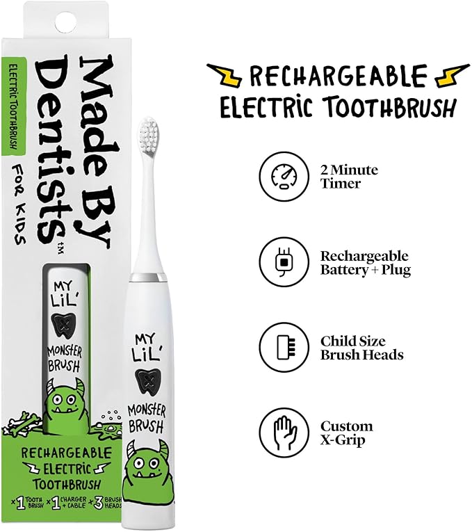 Kids Electric Toothbrush - Rechargeable Vibrating Toothbrush with Timer, Includes 6 Replacement Heads, Gently Cleans Teeth, for Girls and Boys, Kids & Toddlers Age 2+, Monster