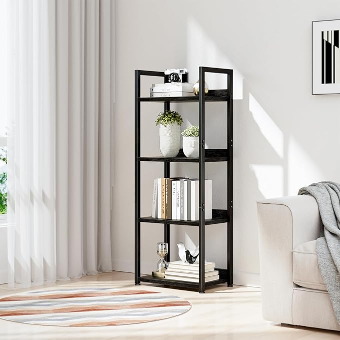NUMENN Narrow Bookshelf, 4 Tier Bookshelves, Home Office Bookcase Shelf Storage Organizer, Free Standing Storage Shelving Unit for Bedroom, Living Room and Home Office, Black