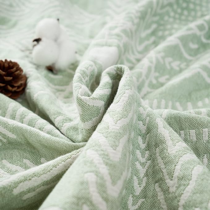 jinchan Boho 100% Cotton Blanket Muslin Lightweight Twin Size Throw Blanket Reversible for Couch Soft Cozy All Season 3-Layer Throw Coverlet Blanket for Bedroom Living Room Decor Green 60x80 Inches