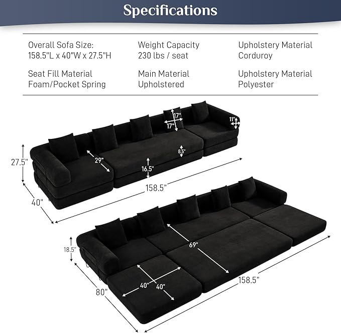 Modular Sectional Loveseat Sofa Cloud Boneless Couch, Modern Sleeper Sofa for Customizable Living Spaces, Cozy Modular Couch for Indoor Room, No Assembly Required, Black