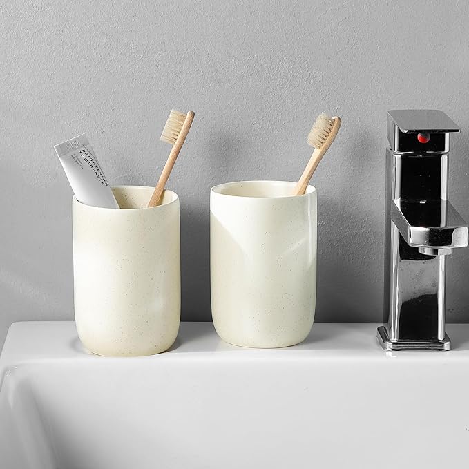 Beige Toothbrush Holders for Bathrooms - 2 Cups Ceramic Toothbrush Toothpaste Holders Set, Beige Bathroom Tumbler Cups Reusable Toothbrush Mouthwash Cup, Bathroom Counter Organizer
