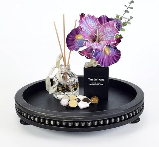 12 Inches Rustic Wooden Decorative Tray, Small Round Beaded Wood Tray for Kitchen Dinning Table Centerpiece Decor Entryway Living Room Home Decor, Black