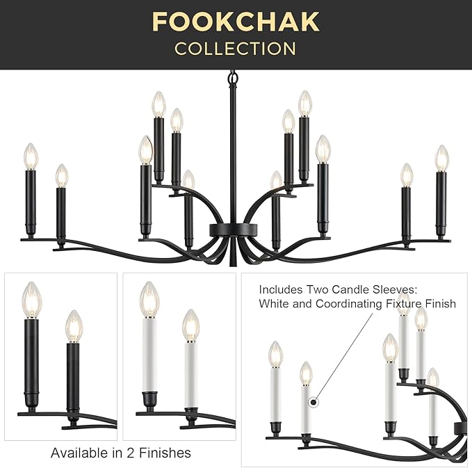 Black Living Room Chandelier 12 Light Hight Ceiling Foyer Candle Chandelier Large Dining Room Light Fixture Over Table 44in Metal Modern Chandeliers Hanging Light for Entry Master Bedroom