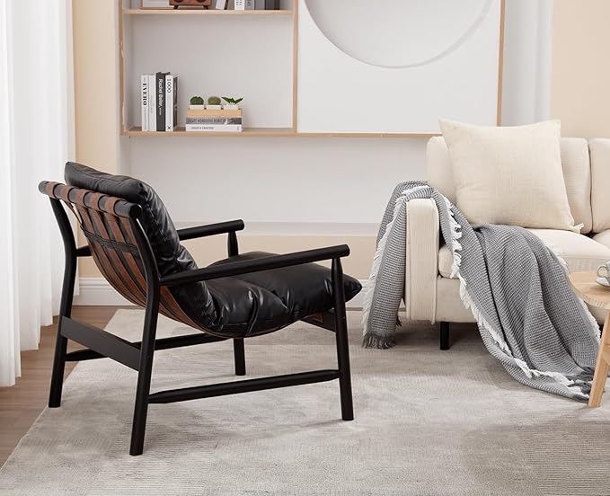 Modern Sling Accent Chairs Set of 2 - Black PU Leather Upholstered