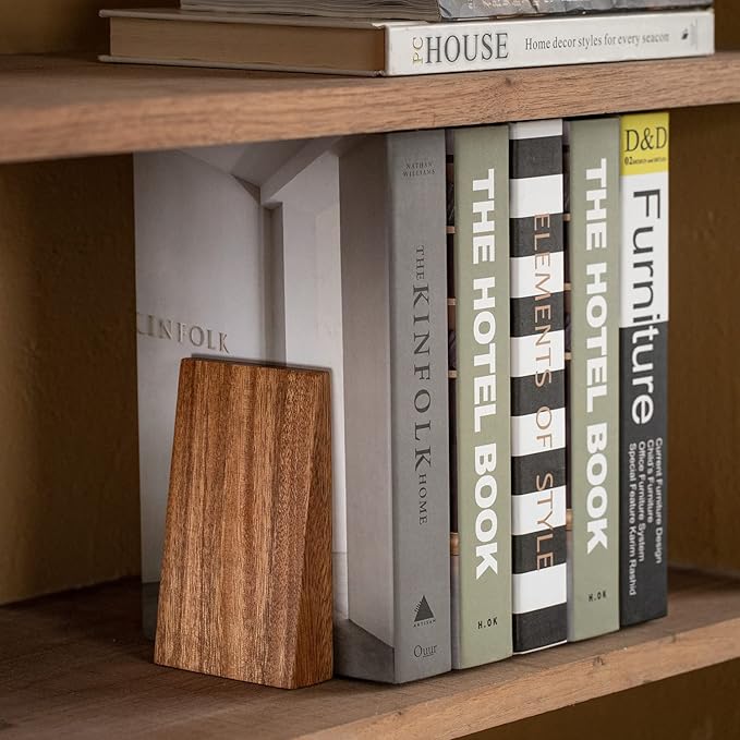 Muso Wood Book Ends, Thickened Wooden Bookends for Heavy Books, Creative Decorative Bookends for Shelves, Non-Skid Book Ends, Handmade Acacia Wood Bookends