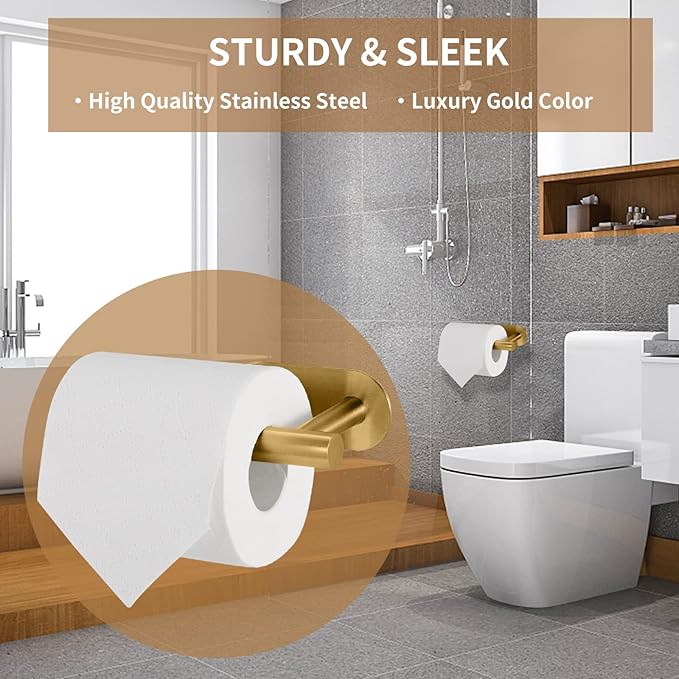 Toilet Paper Holder,Gold,Wall Mount, Upgraded Adhesive Toilet Roll Holder,no Drilling,Bathroom/Rv/Washroom,SUS 304 Stainless Steel,Rustproof (Gold, 1 Piece)