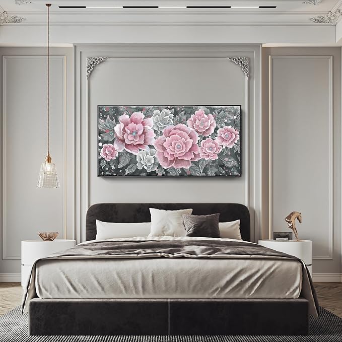 Oversized Framed Wall Art, Pink Flower Canvas Print Modern Pink & Grey Peony Blossom Artwork Extra Large Wall Picture Floral Decor for Living Room Bedroom Dining Room Office Home Decor