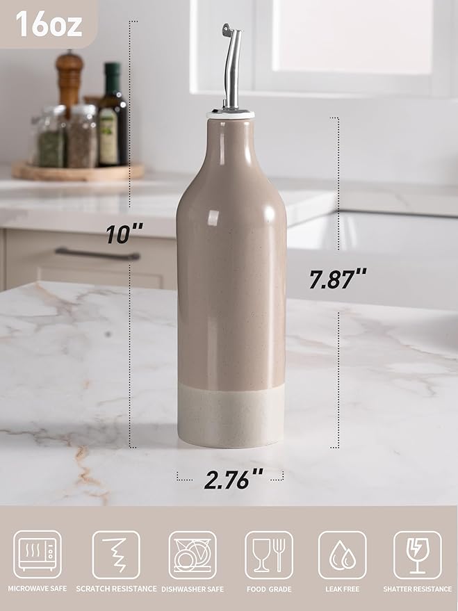 famiware Milkyway 16oz Ceramic Olive Oil Dispenser Bottle, 1 Piece Oil Dispenser for Kitchen with Stainless Steel Pourers, Suitable for Storage Vinegar, Soy Sauce, Coffee Syrup, Cinnamon Brown