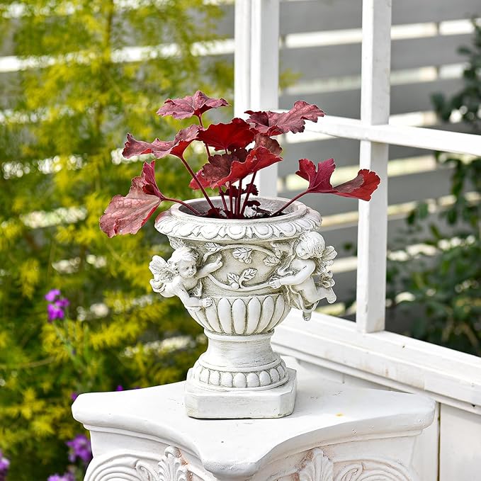 Sungmor Garden Cherub Urn Planter, Lovely Resin Angel Statue Flower Pots, Vintage European Style Planter, Rustic White Whimsy Fairy Decorative Plant Pot, Beautiful Pot for Indoor Outdoor Flowers