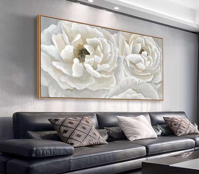 arteWOODS Cream White Flowers Framed Wall Art - Soft Peony Pictures for Wall Decor Elegant Blossom Flower Painting Artwork Botanical Prints for Living Room Home Office Wall Decoration 29" x 58"