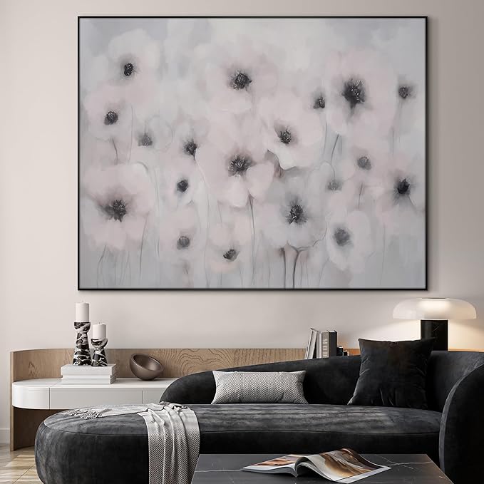 46"x60" Extra Large Framed Wall Art Soft White Poppies Watercolor Floral, Delicate Botanical for Home Living Room Bedroom Decor (Frame Assembly Required)