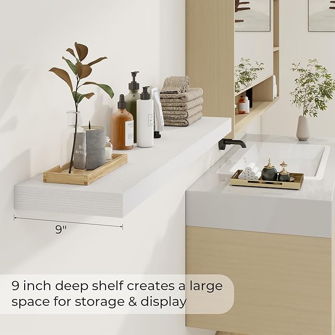 48 inch Floating Shelves for Wall Large Wall Mounted Shelves with Invisible Brackets, White Long Shelves for Bathroom, Living Room, Kitchen, Office, 48x9.1 inch deep Set of 2