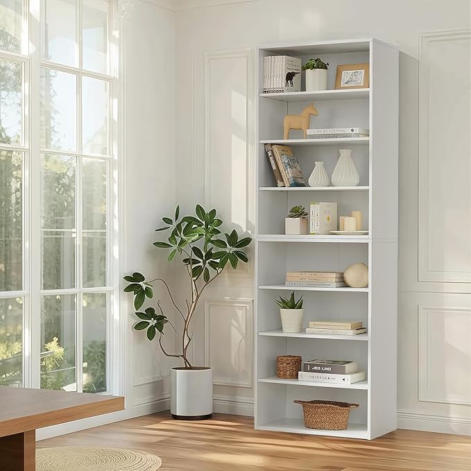 71 Inch Tall 8-Shelf Bookcase, Wood Bookshelf Storage Organizer Adjustable Shelf for Home Office Living Room, Converts into Two 4-Shelf Bookshelves, White