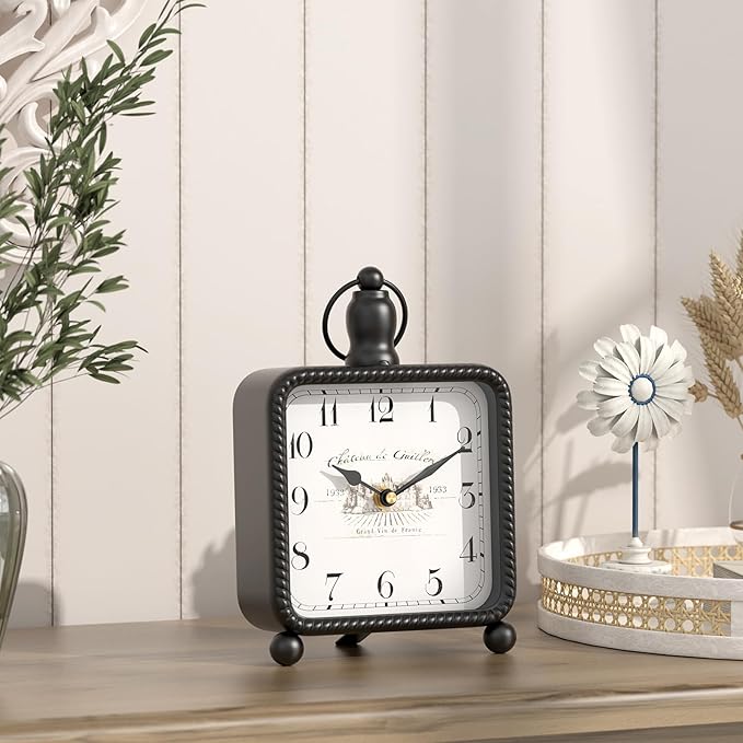 Vintage Black Table Clock on Stand, Desk and Shelf Decor Clock, French Rustic Style Non-Ticking Mantel Clocks for Farmhouse, Living Room, Bedroom, Bedside, Gift (8.5" H x 5.5" W)